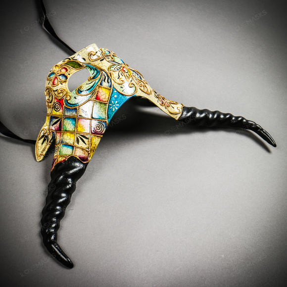 Krampus Black Horn Crackle Animal Devil Party Mask - White Gold - Picture 6 of 10